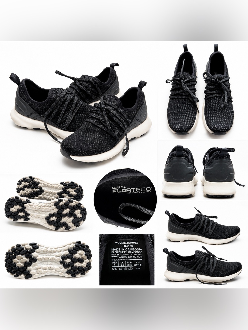 Merrell Floteco Knit Sneakers Women’s Size 8 Black Lace Up Comfort Walking Shoes